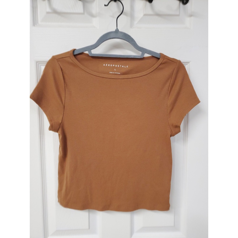 Aeropostale Womens Ribbed Crew Neck Short Sleeve Top Brown Size L